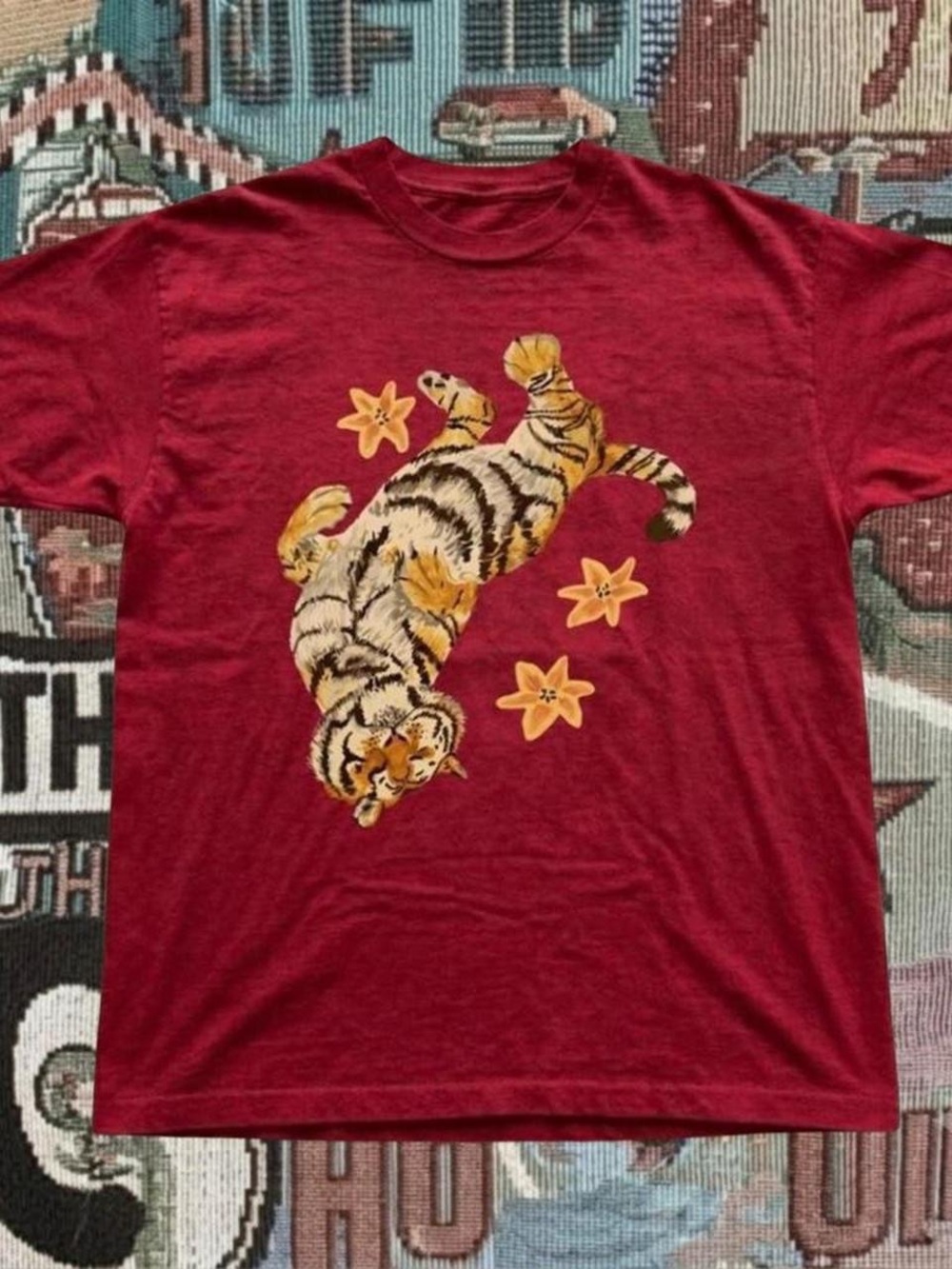Gildan Red Short Sleeve Tee with Tiger & Floral Graphic